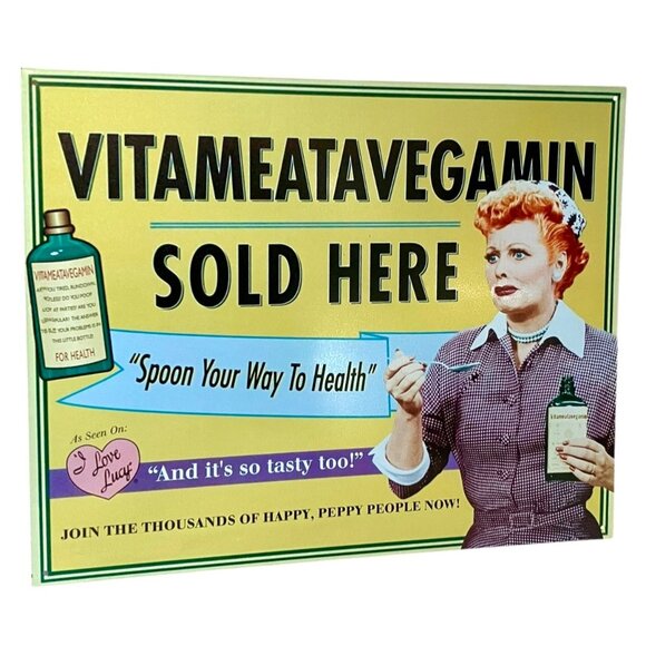 VTG I Love Lucy VITAMEATAVEGAMIN Tin SIGN-Lucy & Ricky/Lucille Ball, Desi Arnaz - Picture 1 of 12